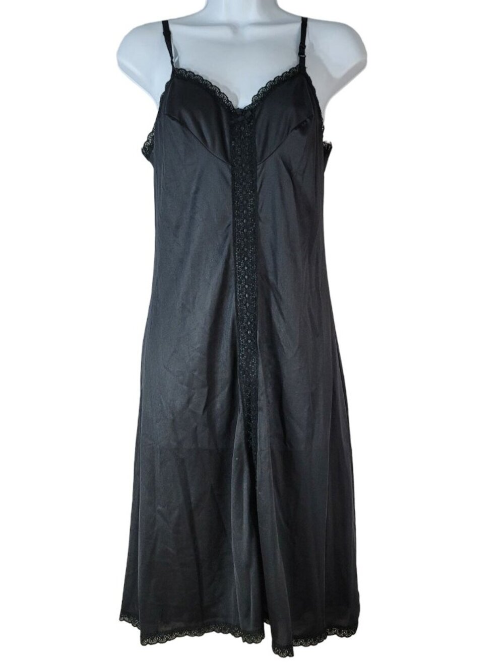 Sears Doesn't Slip Slip Black SZ 34 Lace Trim Average Knee Length Nylon Adj VTG